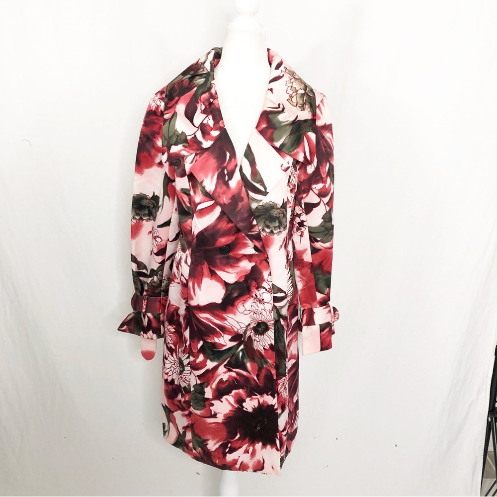Susan Lucci Silky Floral Trench Coat Dress Overcoat, Size 8, Pink Red